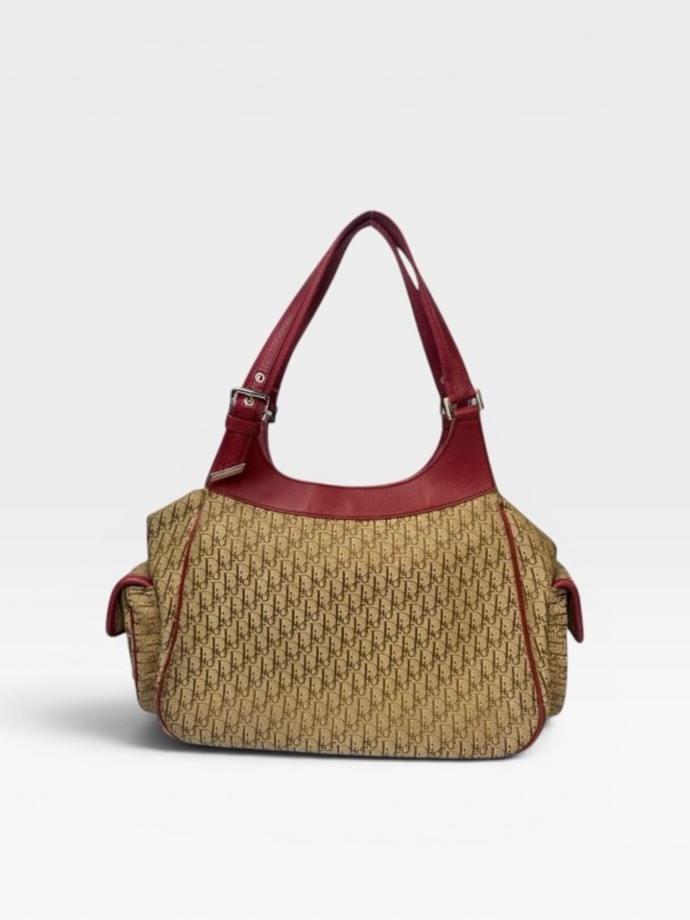 Dior Trotter Red Leather Trim Beige Logo Canvas Shoulder Bag - Picture 4 of 8